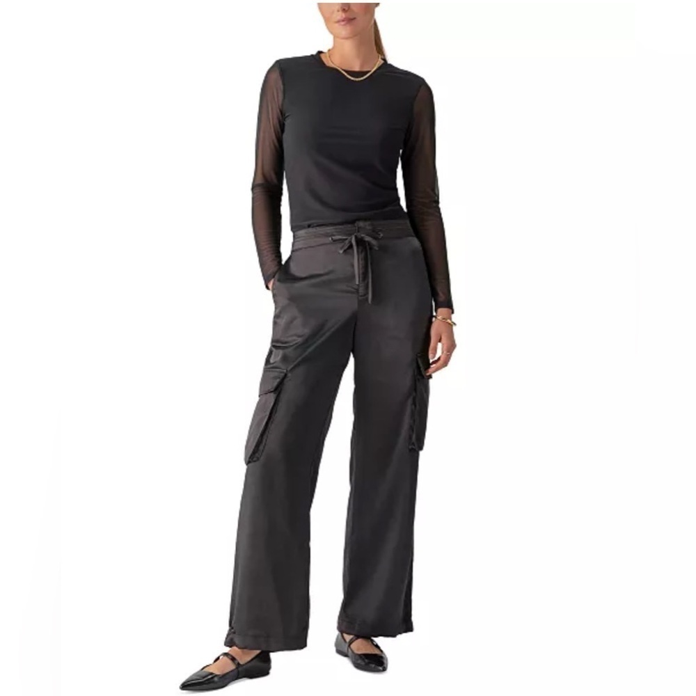 SANCTUARY Eve Satin Drawstring Cargo Parachute Wide Leg Black Pants Size 27 NWT